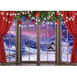 LYCGS 10X8FT Christmas Backdrop Xmas Window Photography Backdrop Winter Dream Wonderland Snow Tree Red Curtain Christma Photo Backdrop Studio Props Banner X-67