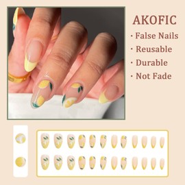 AKOFIC 24Pcs Short False Nails Oval, French Almond Acrylic Press on Nails Designs, Full Cover Stick on Nails, Fake Nails with Jelly Glue for Women Girls Nail Art (Lemon Yellow Nude)