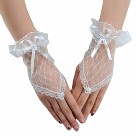 Olbye Women's Wedding Fingerless Rhinestone Lace Gloves - Lace Bow Wrist Gloves in White
