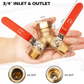 SheeChung RV Hose Splitter 2 Way Heavy Duty, Garden Hose Splitter With Stainless Steel Long Handle, Brass Outdoor Faucet Y Valve Splitter, Full Flow Splitter For 3/4" GHT Threads Hose Connector, Red