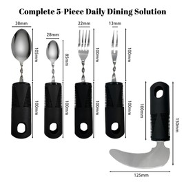 Daily Treasures 5pcs Adaptive Utensils,Vertical Steak Knife & 180° Bendable Forks/Spoons for Disabled Hands,Black Weighted Cutlery with Anti-Slip Grip for Parkinson's,Tremors,Arthritic,Elderly,Adults