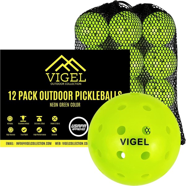 Vigel Premium Outdoor Pickleball Balls Set of 12 USAPA Approved, Tournament and Competition Play, Perfectly Balanced, High Bounce, True Flight, Durable, 40 Hole Pickleball.