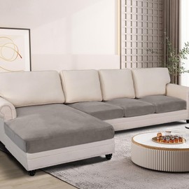 ANARACHON Couch Cushion Covers Sofa Covers for Sectional Sofa L Shape, Chaise Couch Covers Stretch Sofa Seat Slipcovers for Living Room, Velvet, Washable, 4 Pcs (3 Seater + 1 Chaise, Taupe)