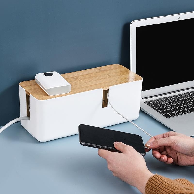 Cable Box with Bamboo Lid, Cable Organiser Box, Cable Storage