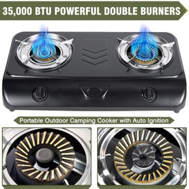 BESTFIRE 35,000 BTU Double Burner Propane Gas Stove, Portable Outdoor Camping Cooker with Auto Ignition, Rust-Resistant Alloy Steel, CSA Regulator & Hose, for BBQ, RV, Tailgating, 28.74"×14.76"×5.51"