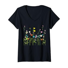 Womens Women Wildflower Summer Flowers Blooming Floral Graphic V-Neck T-Shirt