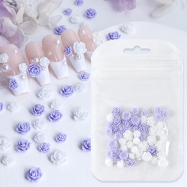 Tyuimhx 50 Pcs Flowers Nail Charms 3D Resin Purple White Rose Nail Art Charms for Acrylic Nails Flatback Floral Nail Supplies for Women Spring Summer DIY Manicure Decorations Crafts