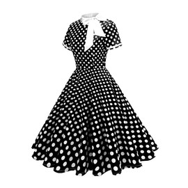 Polka Dot Dress for Women 50s Style Dresses Vintage Short Sleeve Tie Neck Swing Midi Prom Dress for Tea Party Evening Audrey Hepburn Dresses for Cocktail Work Party Homecoming Housewife Black L