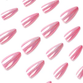 Almond Press on Nails Pink Purple Fake Nails Medium False Nails with Designs Aurora Glitter Acrylic Nails Luxury Stick on Nails Full Cover Artificial Nails Glossy Glue on Nails for Women Girls 24Pcs