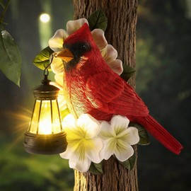 WILLBOND Cardinal Garden Statue with Solar Lantern 8.3 Inch Tree Hugger Cardinal Solar Light for Outside Resin Red Bird Outdoor Garden Decor for Wall Tree Fence Yard Lawn Women Mom Birthday Gifts