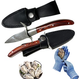 ELAORY Oyster Shucker, Oyster Shucking Knife for Oyster Clam Pearl Shell Shucking, 2 Set Oyster Shucking Tool Kit, 2 Stainless Steel Oyster Knifes with Wooden Handle 2 Pairs Oyster Shucking Gloves