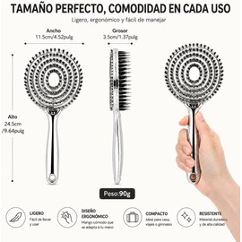 Cepillo para Cabello con Cerdas de Jabalí y Nailon, Cepillo Antifrizz con Diseño Ventilado 360°, Desenredante para Cabello Lacio, Rizado u Ondulado, Reduce Frizz, Secado Rápido, Masaje Capilar, Plata