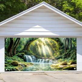 16X7Ft Green Forest Waterfall Garage Door Cover Banner Decoration Nature Scenery Tropical Jungle Backdrop Garage Outdoor Wall Cover Decorations Hanging Backdrop Holiday Party Decor Background Supplies