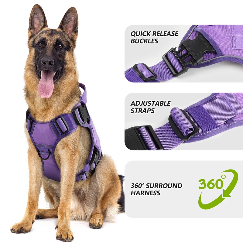 WINGOIN Purple Tactical Dog Harness for Medium Dogs, Heavy Duty