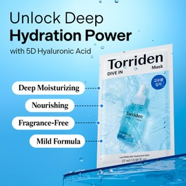 Torriden DIVE IN Hyaluronic Acid Facial Mask (10 sheets) | Deep Hydration Korean Face Sheet Mask | Panthenol & Allantoin | Korean Skincare Mask