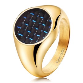 King Will GENTLEMAN Gold Signet Ring Solid Polished Stainless Steel Ring Blue Black Carbon Fiber Inlay 12