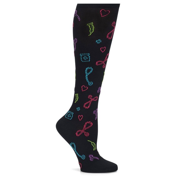 Nurse Mates Women's 12-14 Mmhg Wide Calf Compression Trouser Sock Black Medical Symbols