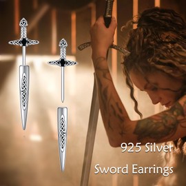 POPLYKE Sword Earrings 925 Sterling Silver Celtic Knot Earrings Irish Studs Earrings Gothic Punk Sword Jewelry for Men Women, 10*37mm, Sterling Silver, Cubic Zirconia