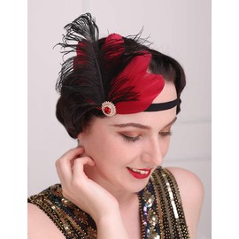 Teyglen 1920s Headpiece Black Red Feather Headband Rhinestone Flapper Headpiece Roaring 20s Costume Hair Accessory Vintage Feather Headpiece for Women Girls