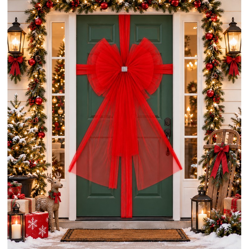 Large Christmas Door Bow with Long Ribbon – Oversized Red