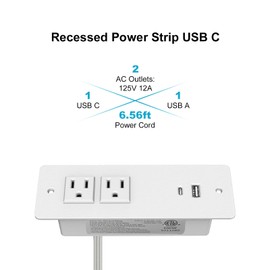 Regleta de alimentación empotrada para conferencias con puertos USB C, carga PD de 20 W para USB C, carga de 10 W para USB A, enchufe de alimentación de escritorio de montaje empotrado, 2 tomas de corriente de extensión de 6.56 pies, color blanco