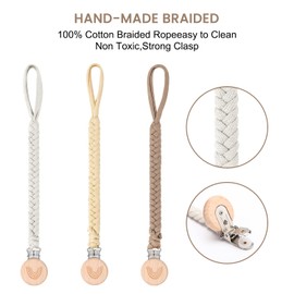 MISSLILI 3 Pack Pacifier Clip for Boy and Girl, Pacifier Leashes woodern Clips Teething Toy with Handmade Braided Cotton Modern Unisex Baby Shower Birthdays Christmas Set