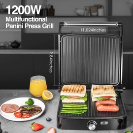 OSTBA Panini Press Grill with Adjustable Temperature, 4-Slice Indoor Grill, 180° Open Sandwich Maker with Drip Tray, Non-Stick Plates, Stainless Steel, 1200W ABC19