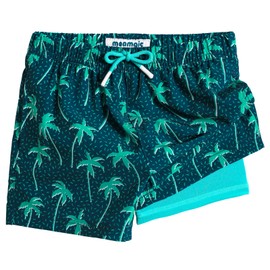 MaaMgic Boys Swim Trunks with Compression Liner Toddler Stretch Quick Dry Swim Shorts Quick Dry 2 in 1 Beach Shorts,Palm Tree-Navy,7