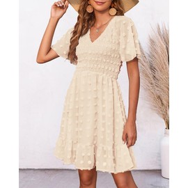 BTFBM Womens Beach Vacation Dress V Neck Short Sleeve Smocked Swiss Dot Casual Ruffle Mini Spring Summer Dresses 2025(Apricot, Large)