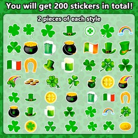 Celaza 200pcs St.Patricks Stickers, Self-Adhesive Stickers with Shamrocks Clover Gold Coin Sticker, St.Patricks Day Goodie Bags Fillers for Kids Gifts Wraps Decorations Ornaments