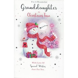 Granddaughter christmas card. Traditional xmas snowman design. 9 x 6 inches. OE.