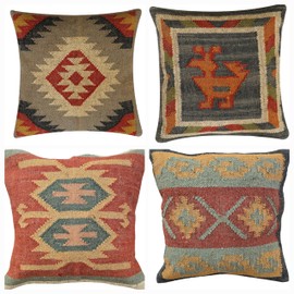 RamVicraft Kilim Pillow Cover Set of 4, 18 x 18 inches Wool Jute Cushion Cover, Handwoven Boho Vintage Decorative Throw Pilllow Case for Living Room & Bedrooms (D4-Set of-4)