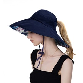 Koreshion - Sombrero de pesca reversible para mujer, con lazo plegable, para verano, UPF 50+, gorra de playa de ala ancha, marino, Talla única