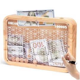 Wooden 10000 Money Saving Challenge Box，10k Cash Vault Piggy Bank for Adults Kids Boys Girls，Cion Bank Target Saver Box with Counter/Dry Erase Pen