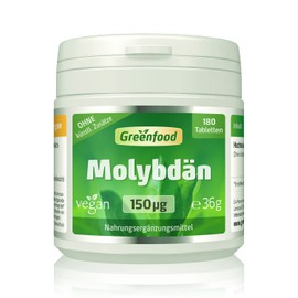 Greenfood Molybdenum, 150 mcg, high dose, 180 tablets - important for an active, healthy metabolism. No artificial additives. Vegan.