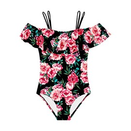 Kanu Surf Girls Peggy Upf 50+ Beach Sport Off Shoulder One Piece Swimsuit, Avery Black, 8 US