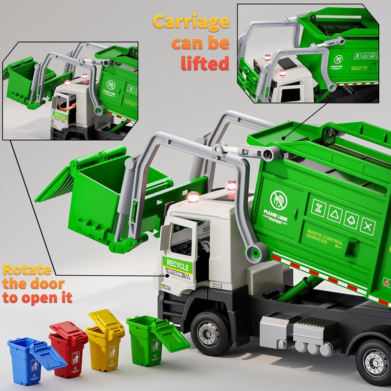 Yewkou Garbage Truck Toy, Friction Powered Recycling Vehicles with Lights