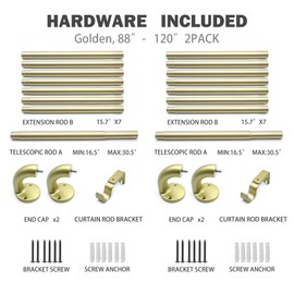 Blackout Curtain Rod 88-120, 3/4 Inch Curtain Rods for Windows Adjustable, Wrap Around Heavy Duty Telescoping Curtain Rods for Bedroom, Living Room, Gold, 2 Packs