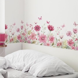 Mestiker Decorative Plants Wall Sticker Plants Rattan Flower Butterfly Wallpaper Sticker Stylish Living Room Wall Sticker Waterproof Wall Decor Rental Home (10 Pink Flowers)