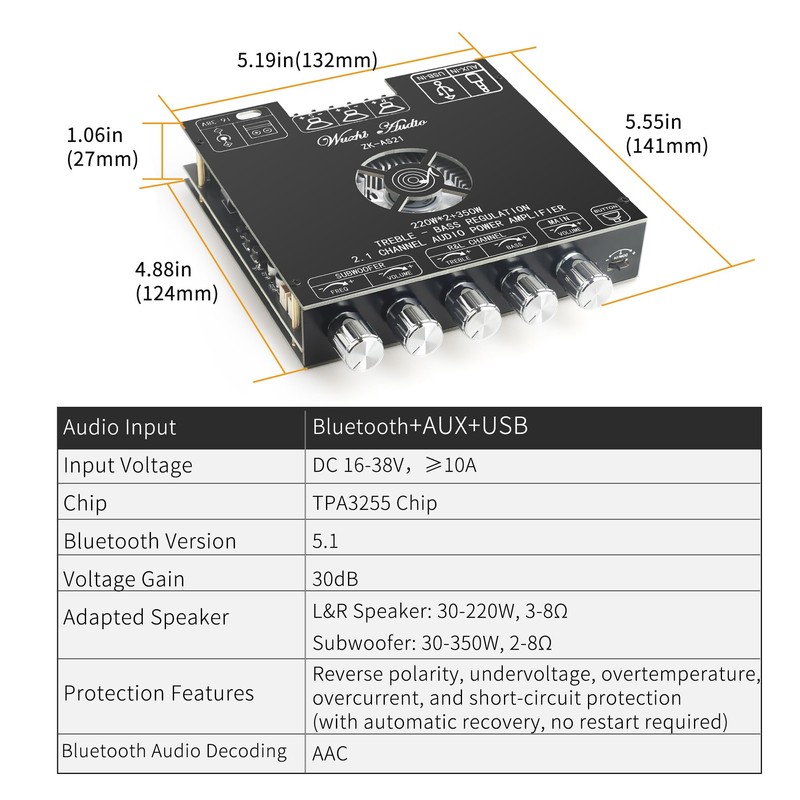 ZK-AS21 2nd Gen 2.1 Channel Bluetooth Power Amplifier Board with