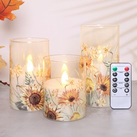 Immeiscent Sunflower Decor Glass Flameless Candles with Remote Timer Dimming Battery Powered Flickering LED Pillar Candle Set of 3 Gifts for Women Mom Mothers Day Birthday