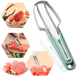 Bewinner 3-in-1 Watermelon Cutter Slicer Tool - Stainless Steel Watermelon Fruit Cutter, Quick Slicing Watermelon Fruit Fork Cutting Tool for Kitchen Gadget (Green)