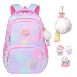 IHCEMIH School Backpack, Girls Cute Bags for Primary Secondary School Multi Pocket Casual Colorful Daypacks Childrens Travel Rucksack Elementary Book Bag Pack with Keychain Badge for Kids Teen Purple