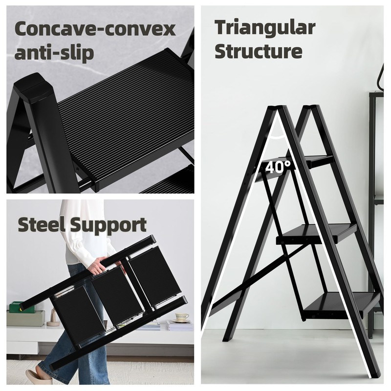 HillhutApex 3 Step Ladder, Lightweight Portable 3 Step Stool with
