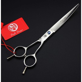 Purple Dragon 8.0 inch Shiny Silver Straight & Curved Blade Pet Grooming Scissors with Comb Dog Hair Cutting and Thinning Shears Kit