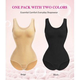 Nebility Womens' Waist Trainer Seamless Round Neck Tummy Control Shapewear Bodysuit (Black/Beige 2pk, M/L)