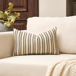 Yangest Boho Cotton and Linen Rectangle Pillow Cover 12x20 Inch, Cozy Soft Neutral Striped Couch Pillowcover Accent Modern Decorative Pillow for Sofa Couch Bedroom Living Room, Black