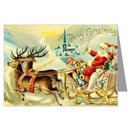 Twelve 3.5x5 Vintage Holiday Note Cards In A Boxed Set Of Santa And Reindeer In A Sleigh And Toys Wishing You A Merry Christmas