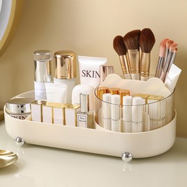 OFOAEEA Makeup Organiser, 360° Rotating Make up Organisers, Makeups Brush Holder, 2 In 1 Cosmetics Organiser, Makeup Organizer Storage for Dresser Table Bathroom Bedroom (Large)