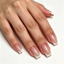 Uñas Postizas Francesas Medianas A Presión, Acabado Nude Brillante, Con Borde Blanco, Cobertura Completa, Reutilizables, Para Mujer (24 Unidades).